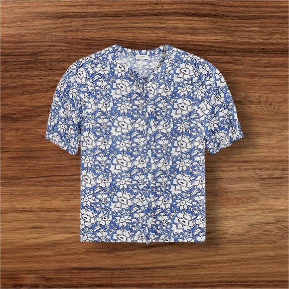 J Crew Linen-cotton blend ruffle top with puff sleeves  White/ Floral Summer XS - Picture 3 of 16